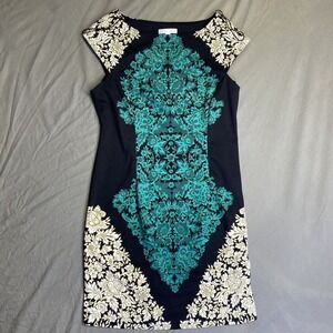 London Times Gothic Regency Teal Ivory‎ and Black Stretch Midi Dress, Size 14
